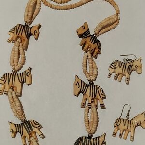 Vintage 80's Hand Carved Wooden Zebra Necklace and Earring Set